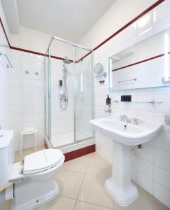 a bathroom with a toilet and a sink and a shower at Hotel Bologna in Prague