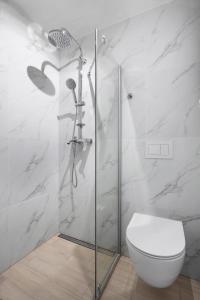 a bathroom with a toilet and a glass shower at Elite Apartments Old Town Center Premium in Gdańsk +51 photos