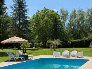 basen z krzesłami, stołem i parasolem w obiekcie Appartement familial au bord de la Marne, jardin tropical , piscine, tennis, terrasse, parking gratuit proche Disneyland w mieście Isles-lès-Villenoy