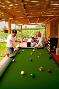 two men playing pool on a green pool table at Hotel and Country House Valle Sagrado de los Incas in Huaran