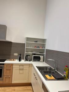 a kitchen with a sink and a microwave at Appart Quartier Louise Bruxelles in Brussels +9 photos