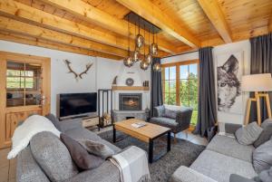 RiddesChalet Belle Vue – Alpine Charm with a View to Remember的带沙发和壁炉的客厅