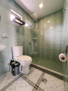 a bathroom with a toilet and a shower at Sunny days Kobuleti in Kobuleti +35 photos