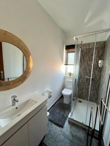 a bathroom with a shower and a sink and a mirror at Alojamento Real in São Pedro da Cadeira