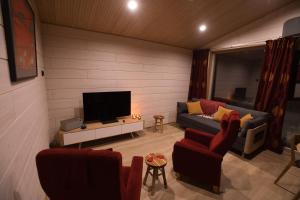 a living room with a couch and a tv at Cahkal Villa in Kilpisjärvi