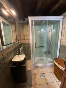 a bathroom with a shower and a sink at Cabaña Pasiega Lucas in Bustantegua +39 photos