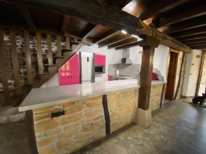 a kitchen with a counter with a pink appliance at Cabaña Pasiega Lucas in Bustantegua