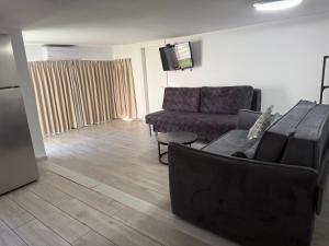 a living room with a couch and a tv at אחוזת רוממה - Villa Romema in Safed