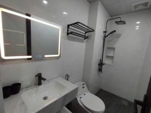 a bathroom with a sink and a toilet and a mirror at Trúc Nhân Hotel in Dồng Văn