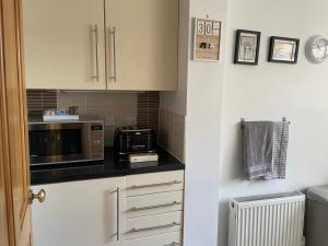 a kitchen with a microwave on a counter top at Me and You Sleeps 2 - Central Apartment in Berwick Northumberland in Berwick-Upon-Tweed