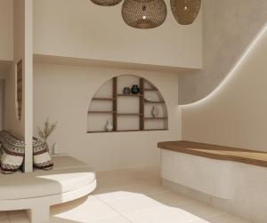 salon z ławką i półką w obiekcie Τhe Noverian Antama Organic Beach Resort Chania w mieście Agia Marina Nea Kydonias +27 zdjęć