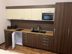 a kitchen with a sink and a microwave at RRR Apartmány 5 in Bojnice