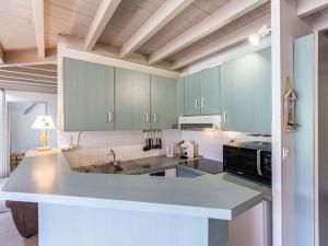 ラ・モンジーにあるDuplex pied de pistes, 8 pers, 2 chambres, balcon sud, parking, station centrale - FR-1-404-337のキッチン(緑のキャビネット、カウンタートップ付)