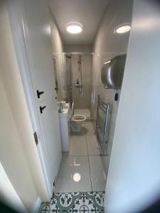 un piccolo bagno con un water e un lavandino di Astra Hostel a Dublino