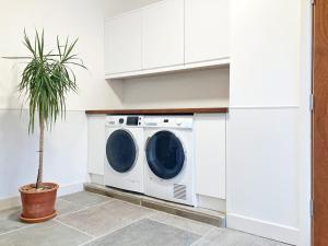 a washing machine in a white laundry room with a plant at The Old Riverside School House Apartment 5 in Hebden Bridge