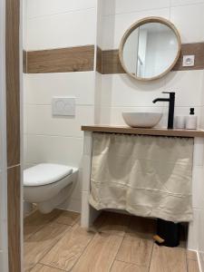 a bathroom with a sink and a toilet and a mirror at Verdant, Terrasse, proche mer in Trégastel +5 photos