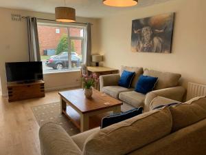 a living room with a couch and a tv at Beautiful home near to Musgrove Park Hospital in Taunton +21 photos