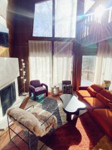 een woonkamer met een bank en een open haard bij Designer Poconos Chalet I Ski, Skate, Lakes, Family-Friendly in Lake Ariel +31 foto's