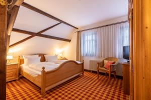 a bedroom with a bed and a chair and a television at Romantik Hotel Schwanefeld & Spa in Meerane