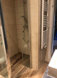 una ducha con puerta de cristal en un baño en La maison de Léandre - Medoc, en Saint-Seurin-de-Cadourne