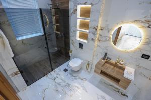 un bagno con doccia, WC e lavandino di Villa Mina - فيلا مينا الملكية a Jericho Altre 29 foto