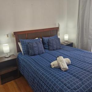 a bed with a blue comforter and two lamps at excelente precio ubicacion santiago 3 in Santiago