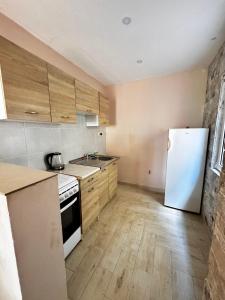 a kitchen with a white refrigerator and wooden cabinets at Apartments Tadic in Petrovac na Moru +74 photos