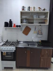 a kitchen with a stove and a sink at Recanto Área Verde, tradição e cultura alemã in Pomerode