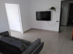 a living room with a couch and a tv on a wall at נוח ובמרכז העיר in Beer Sheva