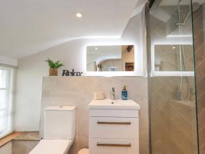 Un baño con inodoro, lavabo y ducha. en 8 12 Church Street, en Ambleside 57 fotos más