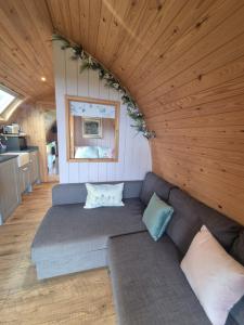 a couch in a room with a wooden ceiling at Lilly's Lodges Orkney Hedgehog Lodge in Finstown