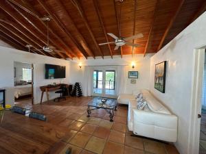 un salon avec un ventilateur de plafond et un canapé dans l'établissement Panthers Paradise, à Rokerʼs