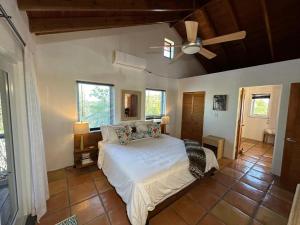 une chambre avec un lit et un ventilateur de plafond dans l'établissement Panthers Paradise, à Rokerʼs