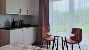 a kitchen with a table and two chairs and a table at Apartamenty w sadzie in Przenosza +10 photos