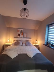 a bedroom with a large bed with two night stands at Domek Cud Miód in Wisła