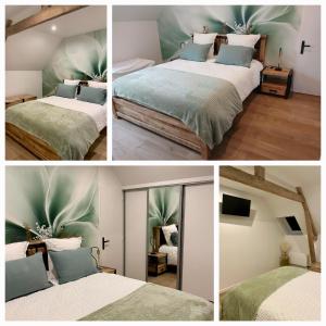 een collage van vier foto's van een slaapkamer met twee bedden bij Gîte du Bois l'Abbé in Saint-Martin-Boulogne