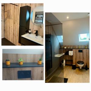 twee foto's van een badkamer met een wastafel en een toilet bij Gîte du Bois l'Abbé in Saint-Martin-Boulogne