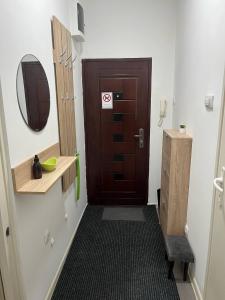 スメデレヴォにあるAria Central Apartmentの茶色のドアと木製の洗面台のあるバスルーム
