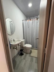 卡塔赫纳Maru apartamentos的浴室里有马桶、洗手池和淋浴。