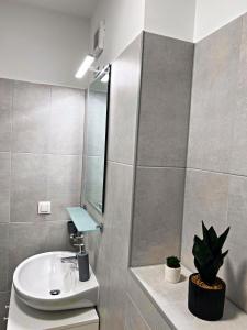a bathroom with a sink and a mirror at Skyline Forest View Timisoara in Timişoara