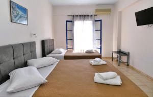 a room with two beds and a television and a window at Vanas Apartments in Spetses