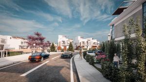 un rendu d'une rue avec des voitures garées à côté de bâtiments dans l'établissement فيلا بالشيخ زايد, à Sheikh Zayed