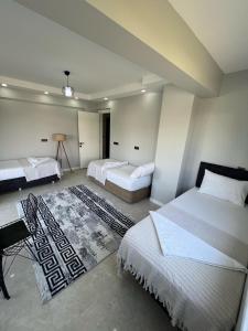 a hotel room with two beds and a desk at Panorama house in Denizli