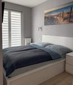 sypialnia z łóżkiem i dużym oknem w obiekcie Apartament Bałtyk - WAP w Świnoujściu