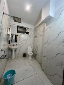 a bathroom with a toilet and a sink at Mayank Palace in Almora
