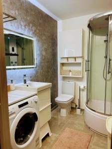 a bathroom with a washing machine and a sink at Studio FAMILY like home in Vilnius