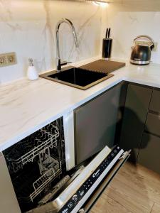 a dishwasher in a kitchen with a sink at Studio FAMILY like home in Vilnius +11 photos