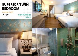 two pictures of a hotel room with a bed and a bathroom at Marigold Lanna in Chiang Mai