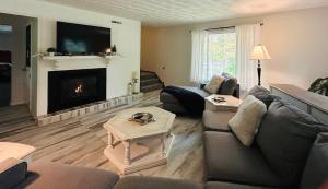 a living room with a couch and a fireplace at Breezeway Bay - Waterfront Full House in Wisconsin Dells