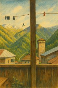 a painting of a mountain view from a window at Bata GuesThouse in Adishi